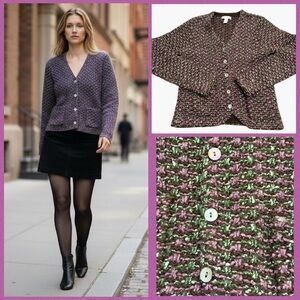 Charter Club Boucle Knit Cardigan Brown, Plum and Green  Abalone buttons Size L